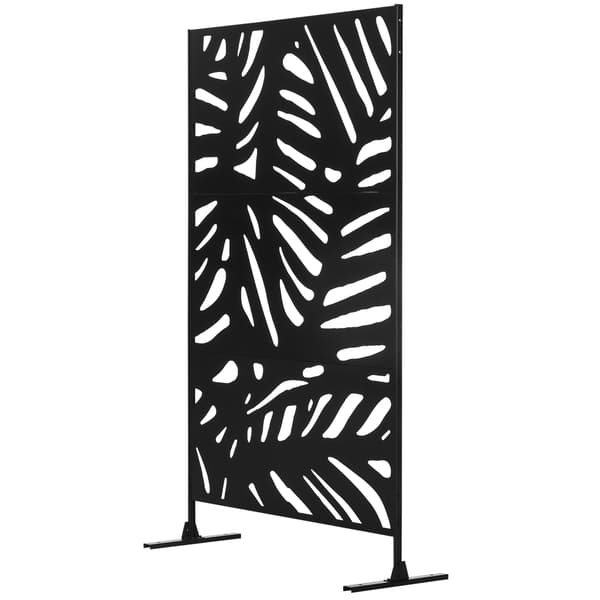 Rumsavdelare med 3 paneler, 122x198 cm, med stativ, bladdesign, svart