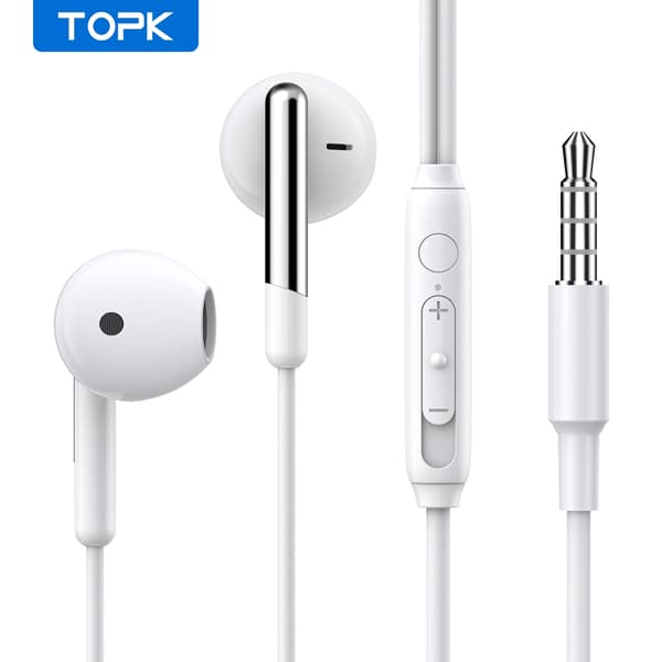 TOPK Hörlurar In-Ear Volymkontroll med Mikrofon 3,5 mm Jack Universal för iPhone Android White F22