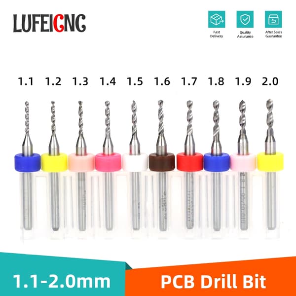 LUFEICNC 10-delte 1,1-2,0 mm mikro-PCB-borehoveder i wolframstål til printkort PCB 1.1-2.0 mm 10 pcs