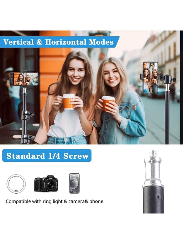 63-tommer foldbart stativ med telefonholderklips til telefon og kamera, multifunktionel black