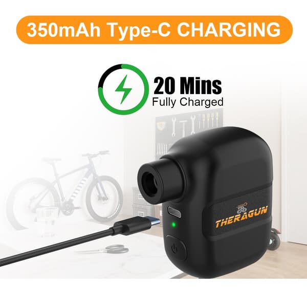 Mini bärbar elcykelpump 100PSI laddningsbar 5V typ-C för Schrader Presta-däck Black
