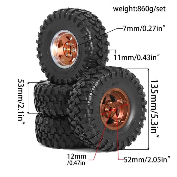 4 st 2,2" Beadlock-fälgar och däck för 1/10 RC Crawler SCX10 III 90046 TRX4 D90 2,2" Beadlock-fälgar 2,2" Beadlock-däck 4pcs Silvery