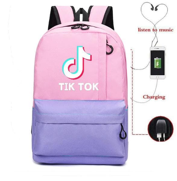 TIK-TOK Backpack - waterproof school bag with USB and Headphone jack Pink