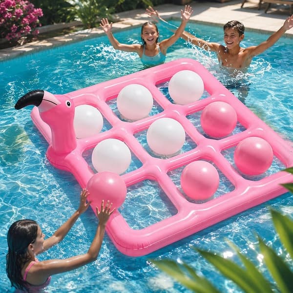 Uppblåsbart flamingo ringkastspel i PVC med 9 ringar för pool och bad Pink