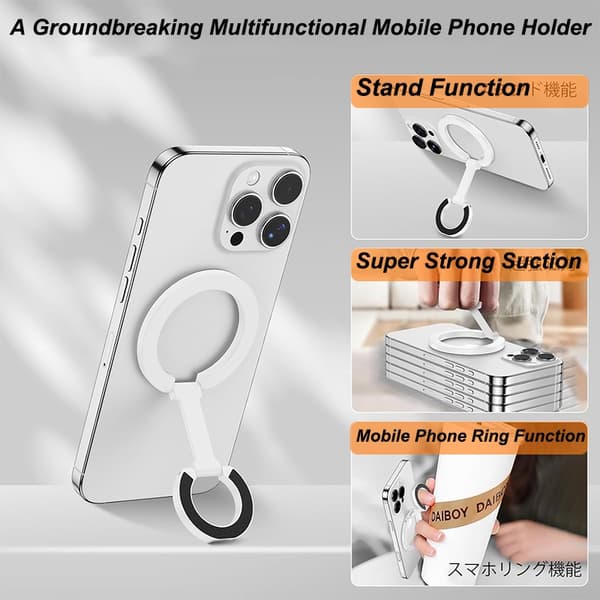Dobbeltsidet magnetisk ringholder, foldbar telefonstativ, greb til iPhone 16 15 14 Samsung Huawei White With 3 Rings