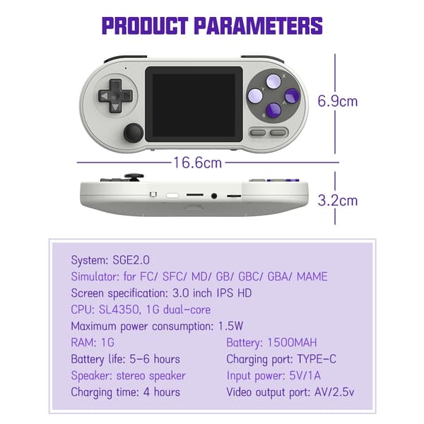 SF2000 bærbar håndholdt spilkonsol 3 tommer IPS Retro videospilafspiller Indbygget 6000 spil til 2pcs Controller