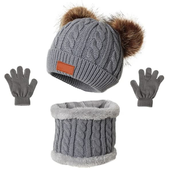 3st Vinterset för barn: Stickad Pompom-mössa, halsduk och handskar - varm solid mössa för småbarn Beige children