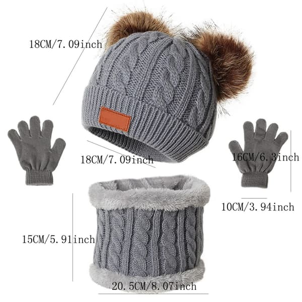 3st Vinterset för barn: Stickad Pompom-mössa, halsduk och handskar - varm solid mössa för småbarn Beige children