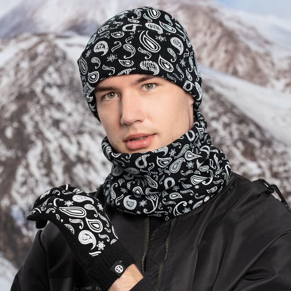 Unisex paisleytryck vinterhatt, snodd & handskar set - tjock plyschfoder mössa och halsduk för män och kvinnor pink