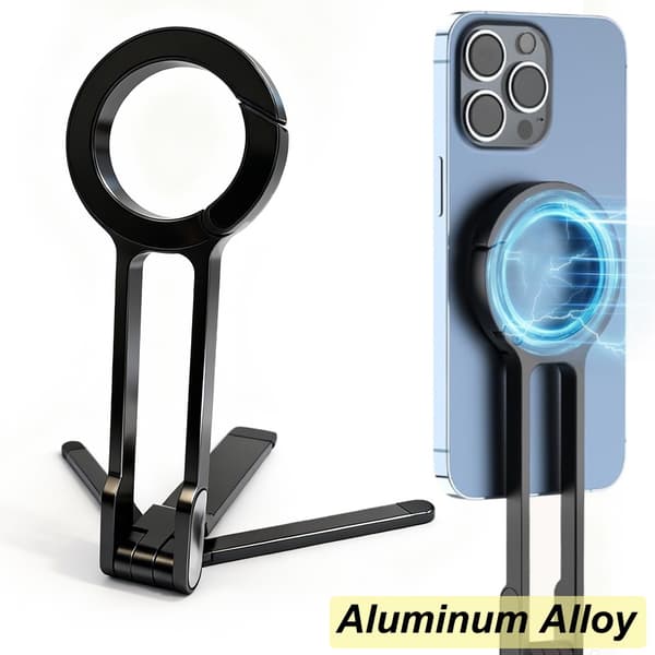 Bærbart magnetisk telefonstativ i legering, foldbart skrivebordsstativ med 3 magnetiske ringe til iPhone 14 15 16 Alloy Silver