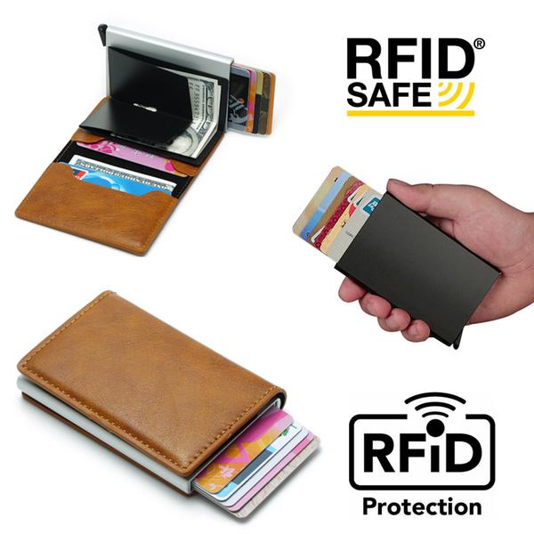 PopUp Smart korthållare skjuter Fram 8st Kort RFID-NFC Säker Brun