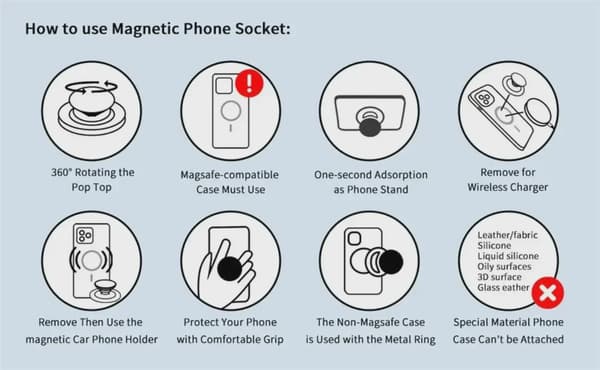 Magnetisk udvidelig ringholder med stativgreb til MagSafe iPhone 15 14 Samsung-telefon black 2pcs