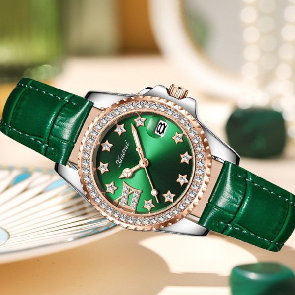 Quartz watch diamant vatten spökbälte vattentätt enkel kalender dam liten grön watch watch grön