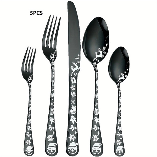 Barsinfi 5/20 st Julstil Svart Silverfärgad Rostfritt Stål Servis Set Köksredskap Set Hem och Restaurang Servis Set Can Be Clea Black 5PCS