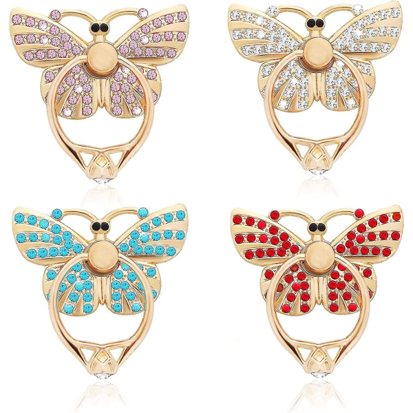 Matkapuhelimen rengastelineet (4 väriä), 4 kpl Butterfly-puhelinsormuksen pidike tekojalokivillä Glitter Butterfly Finger -jalustalla ja painikkeella-1