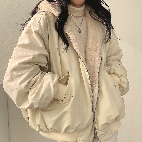 Koreanskt mode sammet lammull Vändbar jacka kvinnor Harajuku Oversized Solid Basic Vinter Zip Up Hoodie Beige Coat Beige M