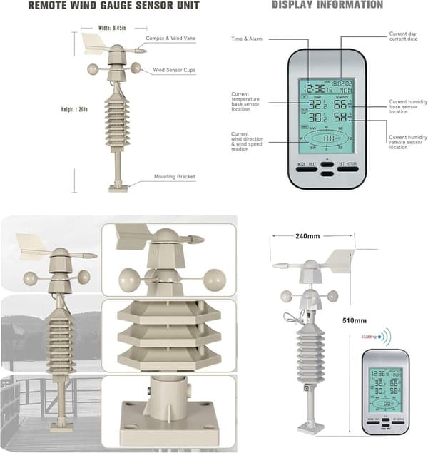 433MHz Trådlös Anemometer med Vindhastighetsmätning, Väderlarmsinställning