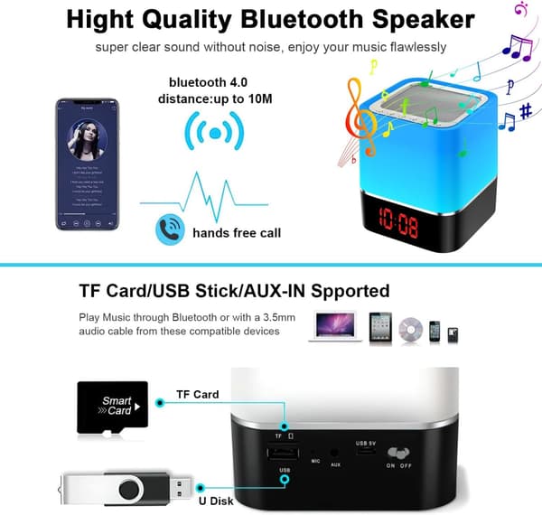 Högtalarlampor med Bluetooth-högtalare, 5 i 1 Digital Väckarklocka Touch Dimbar, Micro SD-kort, MP3 Handsfree-samtal Touchkontroll