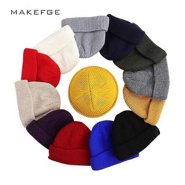 (blå) Herrstickad mössa Skullcap Sjömansmössa Uppvikt Kantlös Retro Marinblå Mössa