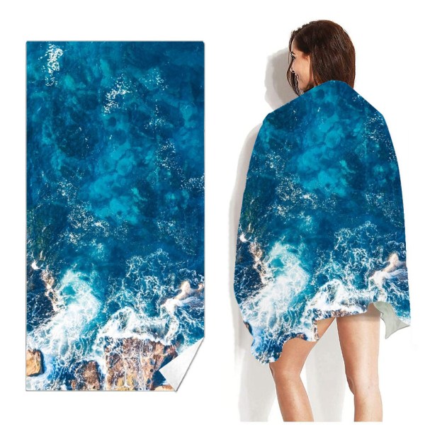 Bärbar, absorberande strandhandduk i fleece Non-stick badhandduk för vuxna 海面水纹