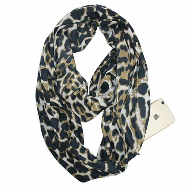 Lämmin vetoketjullinen taskuhuivi Leopardi taskuhuivi Infinity-huivi 豹纹-黑卡色 180*25cm
