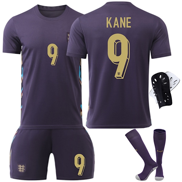 Englands bortaströja 2024 med nummer 9 Kane, 10 Bellingham, 7 Foden - Fotbollskläder för barn för EM 17 with socks and protective gear 18 yards