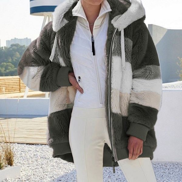 Varm plysch Patchwork Hooded Loose Coat Kvinna 军绿色 4xl