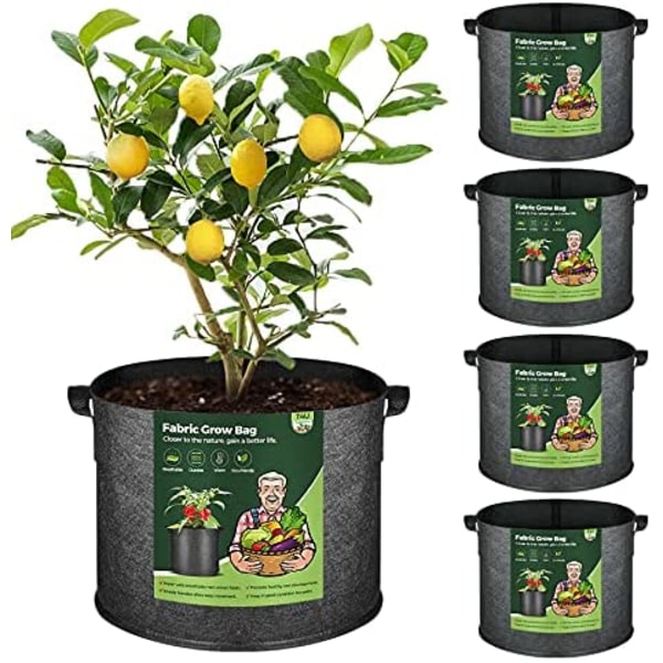 10 gallon växtpåsar med handtag 5-pack, tygkrukor Grow Bag 5 gallon