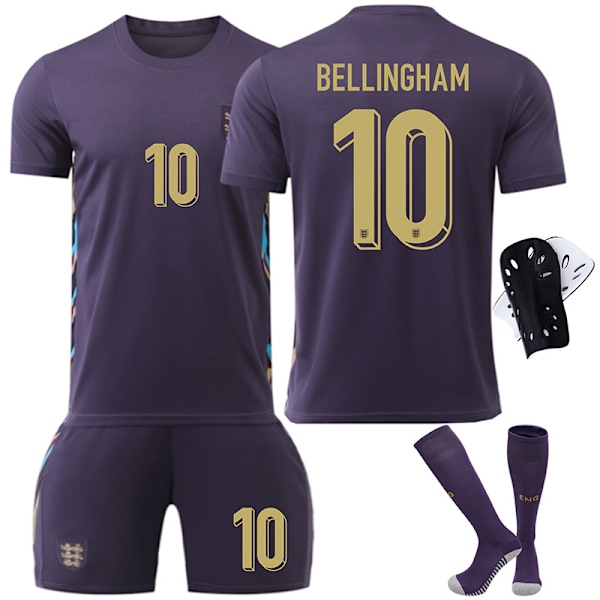 Englands bortaströja 2024 med nummer 9 Kane, 10 Bellingham, 7 Foden - Fotbollskläder för barn för EM 17 with socks and protective gear XXXL size