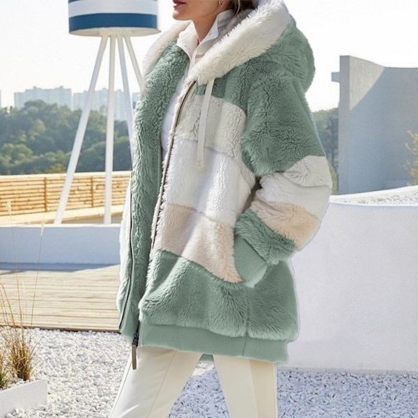 Lämmin Plussinen Patchwork-Hupullinen Löysä Takki Naiselle green 5xl