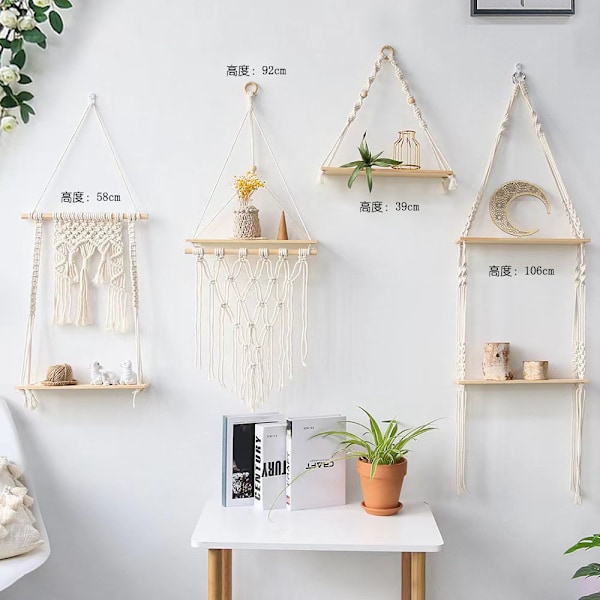 Handvävd väggdekoration i bohemisk stil, förvaringshylla, hänge, förvaringsbräda, dekoration för hemmet med blomkruka Wooden stick tassel style