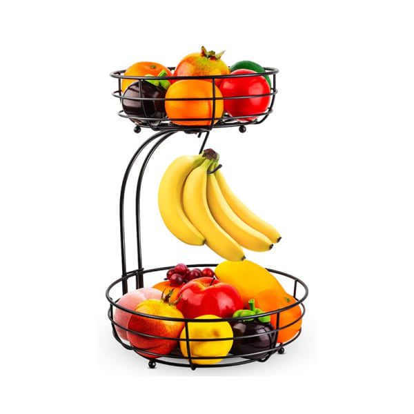 Fruktförvaring metalltråd 2-vånings fruktkorg med bananhängare