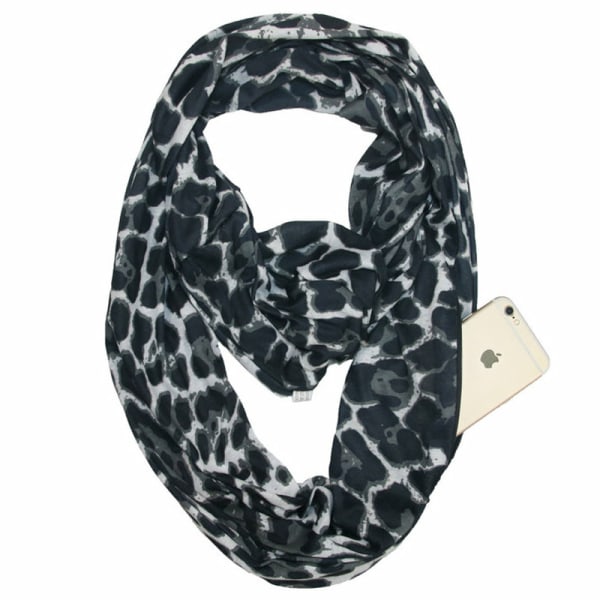 Hot Zipper Pocket Scarf Leopard Pocket Scarf Infinity Scarf 豹纹-黑灰色 180*25cm