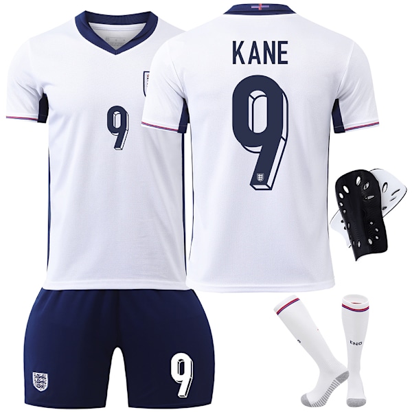 2024 UEFA Eurojen Englannin pelipaidat nro 9 Kane 10 Bellingham 20 Foden jalkapalloasusetti rajatylittävä versio No. 9 with socks and protective gear XS size