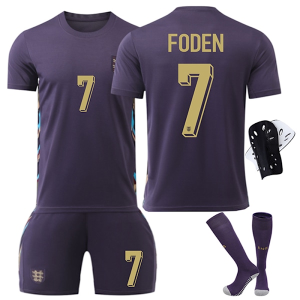 Englands bortaströja 2024 med nummer 9 Kane, 10 Bellingham, 7 Foden - Fotbollskläder för barn för EM 17 with socks and protective gear 16 codes