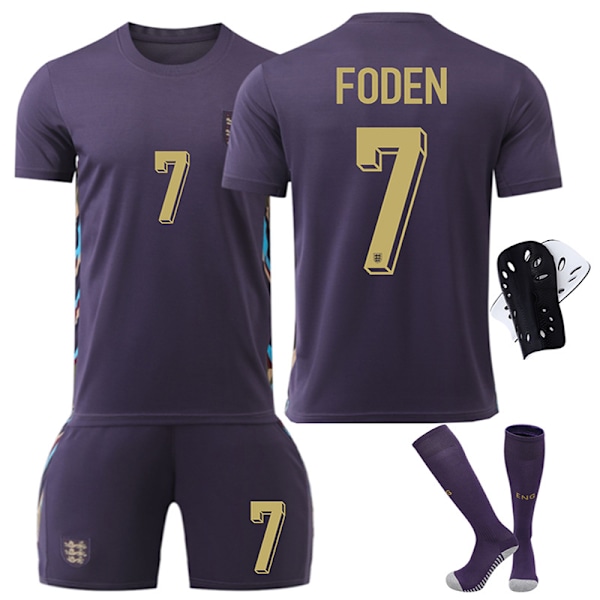 Englands bortaströja 2024 med nummer 9 Kane, 10 Bellingham, 7 Foden - Fotbollskläder för barn för EM 17 with socks and protective gear XL size