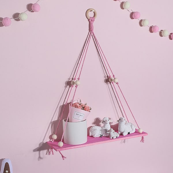 Handvävd väggdekoration i bohemisk stil, förvaringshylla, hänge, förvaringsbräda, dekoration för hemmet med blomkruka light pink