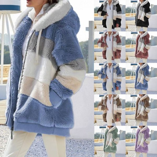 Lämmin Plussinen Patchwork-Hupullinen Löysä Takki Naiselle green 4xl