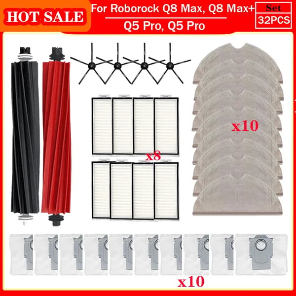 Roborock Q5 Pro, Q5 Pro+, Q8 Max, Q8 Max+ Reservedeler Hovedsidebørste Hepa Filter Mopp Støvpose Tilbehør