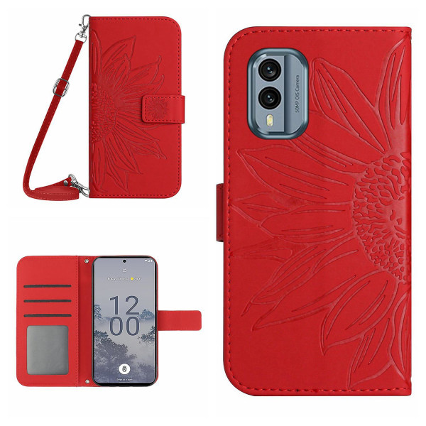 För Nokia X30 5g Ht04 Skin-touch Fullt skydd Solrospräglat cover Flip Läder Case Stativ med axelrem Red