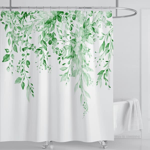 Smaragdgrön Eukalyptus Duschdraperi, Sammanlänkande Växtblad med Blommigt Duschdraperi Set med Krokar, B220xH180cm