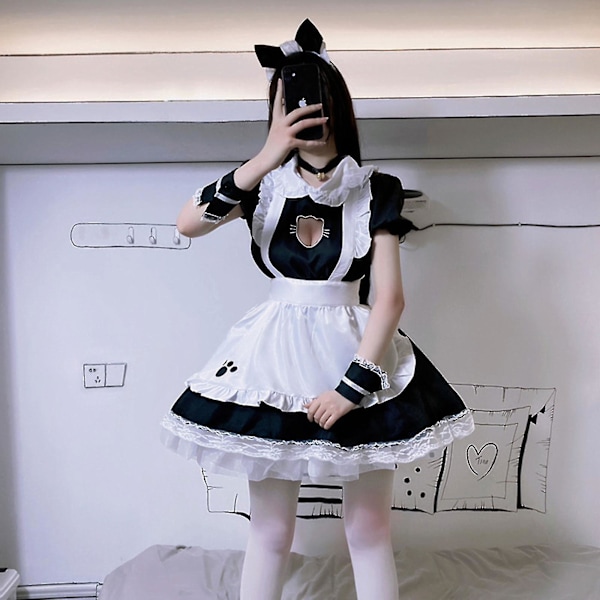 Ny sexig Lolita Maid-klänning söt ihålig katt dam flickor klänning Anime Cosplay kostym S-3xl XL