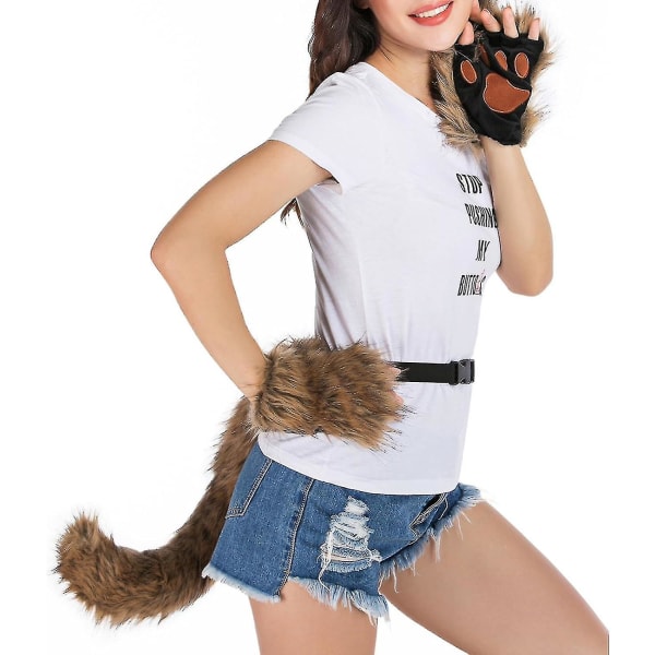 Faux pälsräv svans katt varg cosplay kostym set plysch mask fluffiga tass handskar Halloween jul White