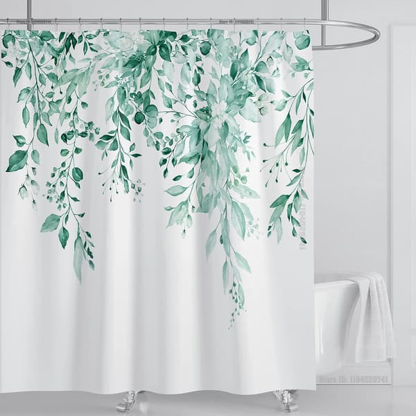 Smaragdgrön Eukalyptus Duschdraperi, Sammanlänkande Växtblad med Blommigt Duschdraperi Set med Krokar, B150xH180cm