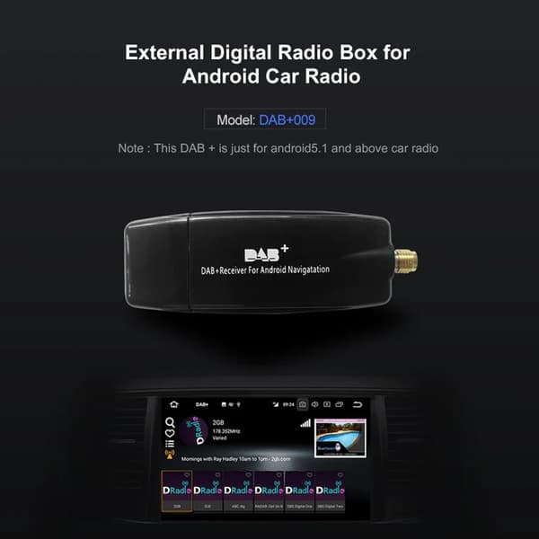 DAB+ Digital Radioboks for bil, mottakerantenne, Wild USB, bærbar, Android 5.1 og mer