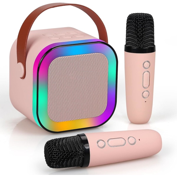 Karaokemaskin för barn och vuxna, mini bärbar blue-tooth karaoke-högtalare med 2 trådlösa mikrofoner och dynamiska ljus, hem Ktv, utomhus, resa (beige Pink