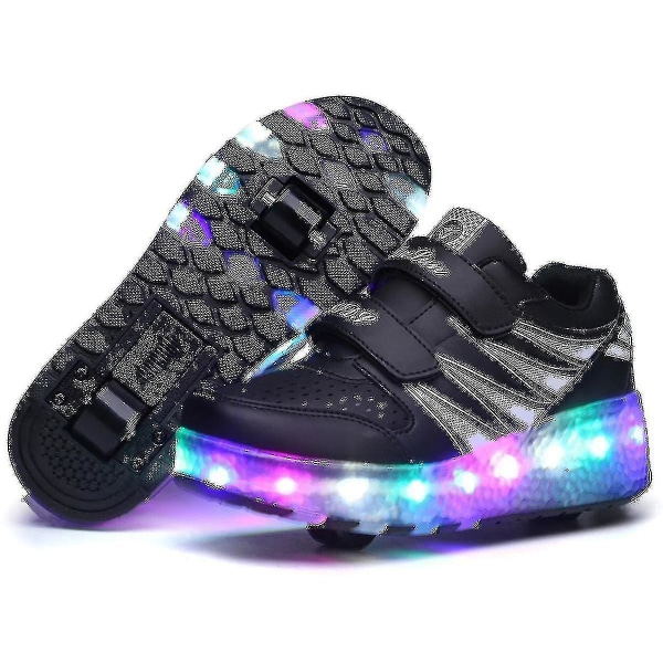 2022 Nya Led Light Up Roller Shoes Double Wheel USB Uppladdningsbara skridskoskor Black 27