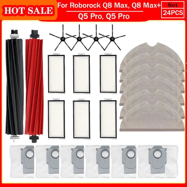Roborock Q5 Pro, Q5 Pro+, Q8 Max, Q8 Max+ Reservedeler Hovedsidebørste Hepa Filter Mopp Støvpose Tilbehør