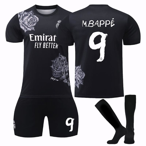 Kylian Mbapp Real Madrid 9 tröja för barn, Mbapp 9 Real Madrid hem- och bortatröja för barn BLACK WITH SOCKS  16