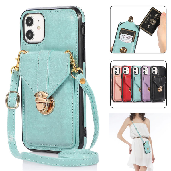 Iphone 12 case för kvinnor plånbok med korthållarrem Crossbody Pu-läder anti-scratch Cover Röd green